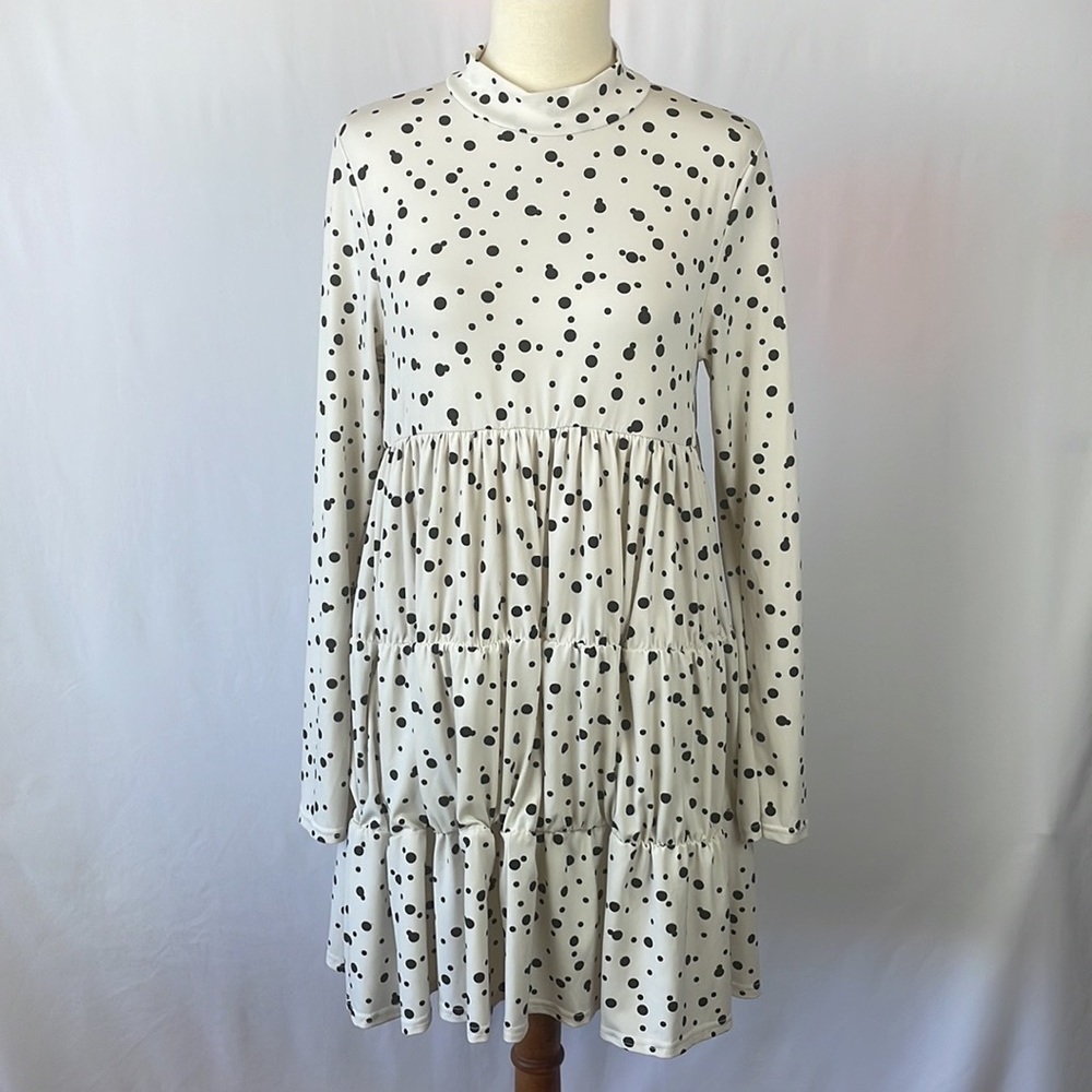 Nasty Gal Cream w/Black Polka Dot Print Mini Dress w/Tiered Elastic Ruching - 6